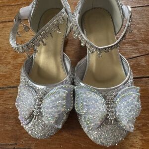 Sparkling Silver Kids Dress Shoes with Butterfly Accent
